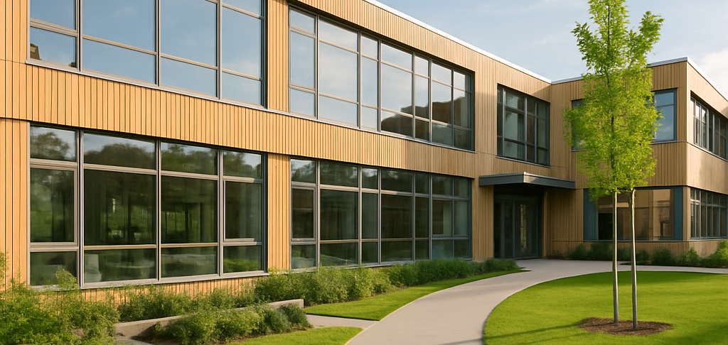 Modernes Gebäude mit Holzverkleidung und großen Fenstern, umgeben von Rasen und Bäumen.