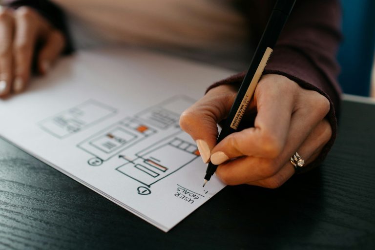 Eine Hand skizziert Diagramme und Notizen auf einem Blatt Papier.