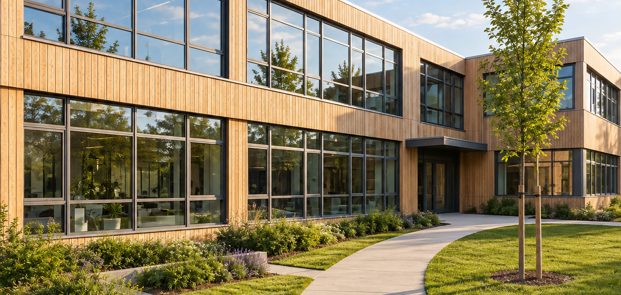 Neubau Schule Modernes Gebäude mit Holzverkleidung und großen Fenstern, umgeben von Rasen und Bäumen.