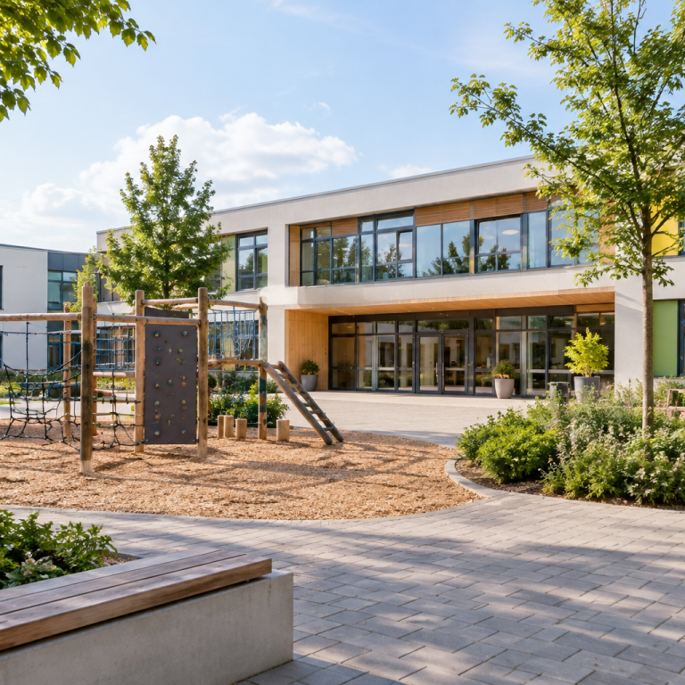 Schule Schulgebäude mit Schulhof