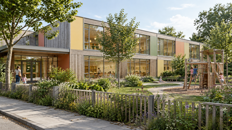 Kindergarten Kindergarten mit Außenbereich und Holzfassade